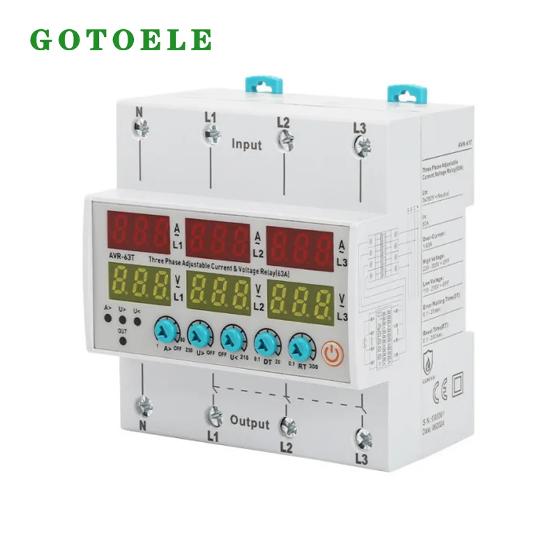 Relé de protección de voltaje y corriente ajustable trifásico AVR-63T